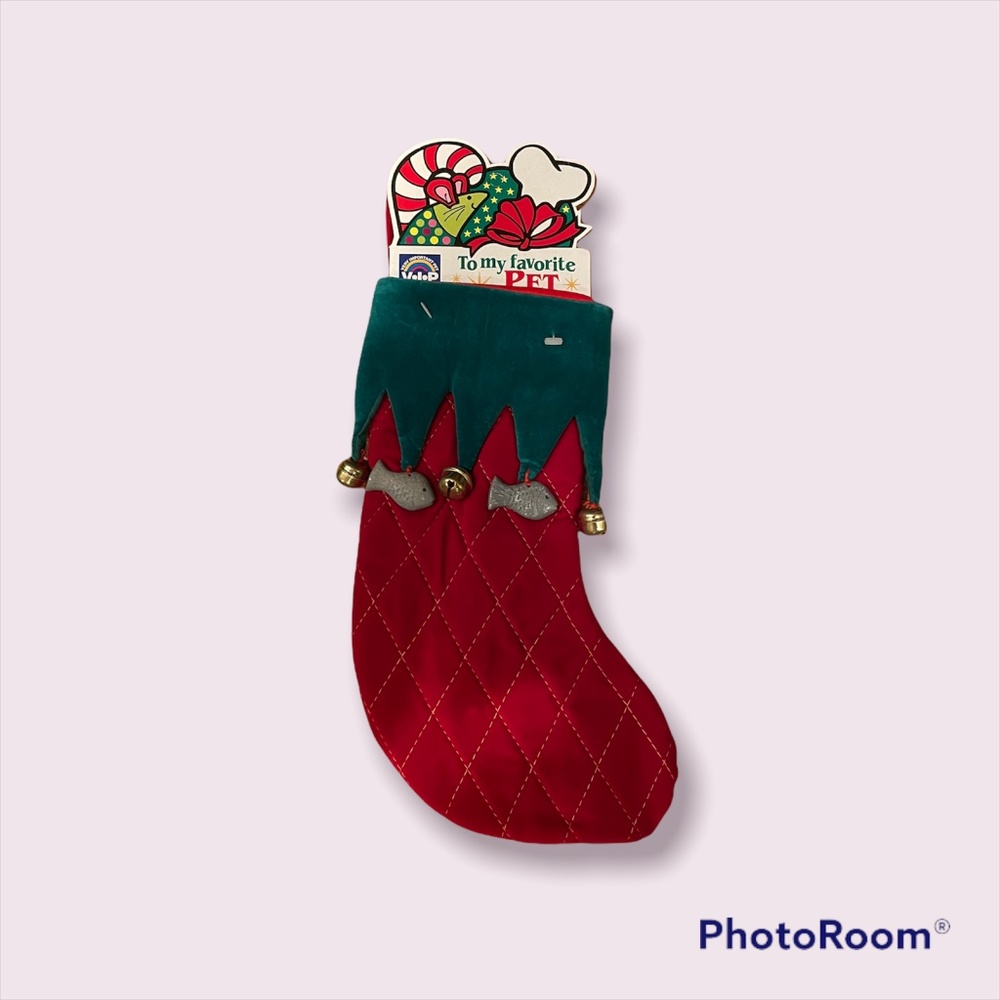 Velvet 12 Inch Bell + Fish Red Elf Stocking Christmas Holiday Hanging Vo-Toys